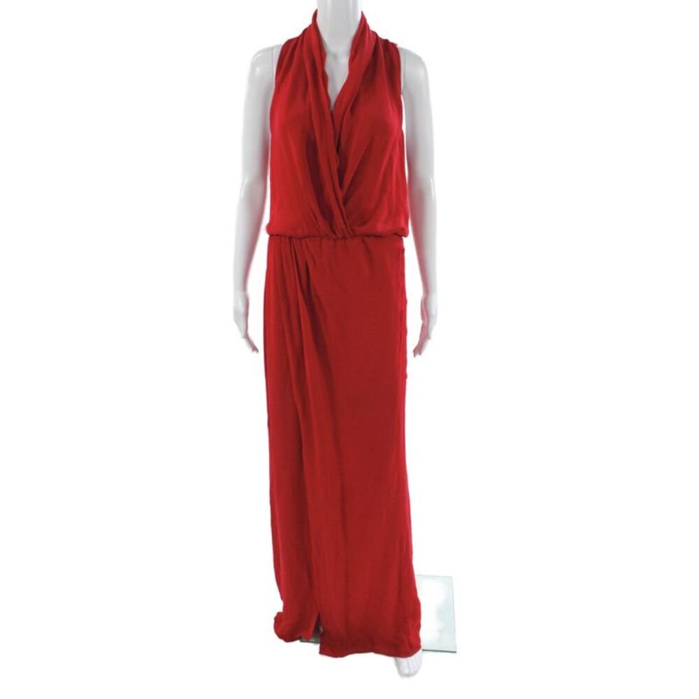 Parker Black Womens Red Silk V-Neck Blouson Long Sleeveless Dress Size 4
